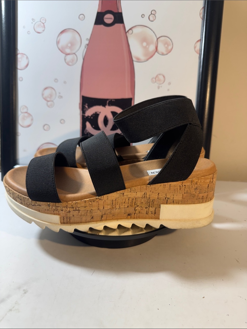 Steve Madden Women’s Bandi Black Elastic Cork Platform Sandals - Size 7M